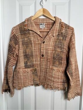 Vintage Bird Fringe Plaid Short Button Jacket L Multicolor Autumn Boho Chic